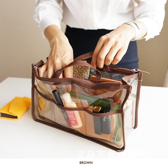 Handbags - Purse Organizer, Clear PVC - BrownTrim
